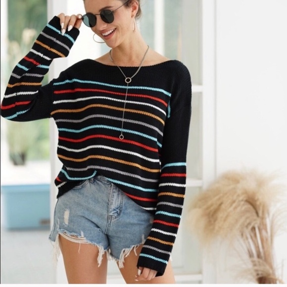 ❤️ BLACK SASSY Fab Fall Striped Sweater Black NEW - Picture 6 of 8
